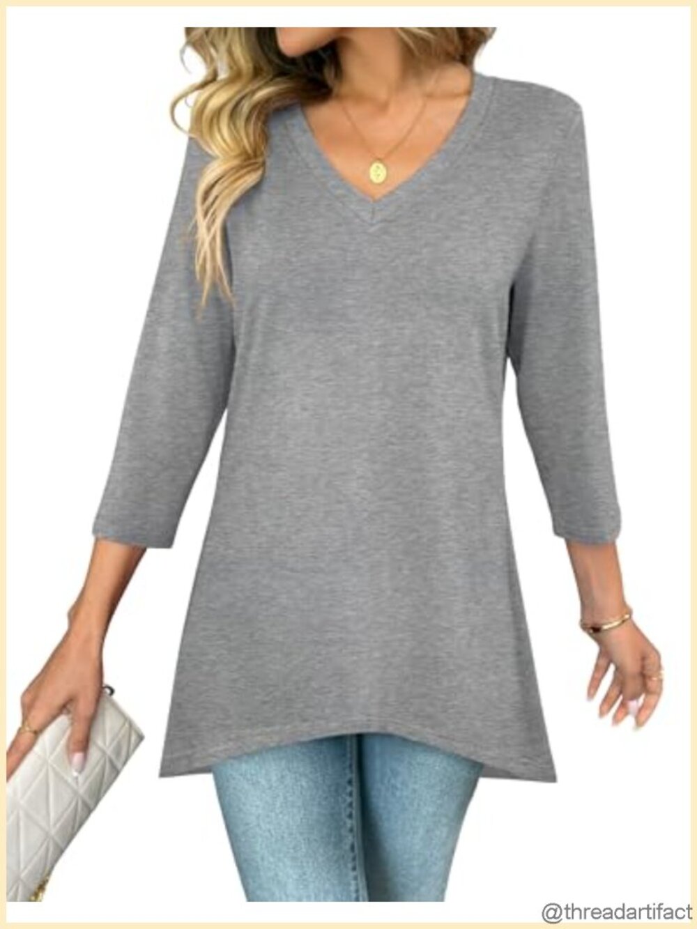Women's Loose Fit 3/4 Sleeve V Neck Tunic Top Asymmetrical Hem